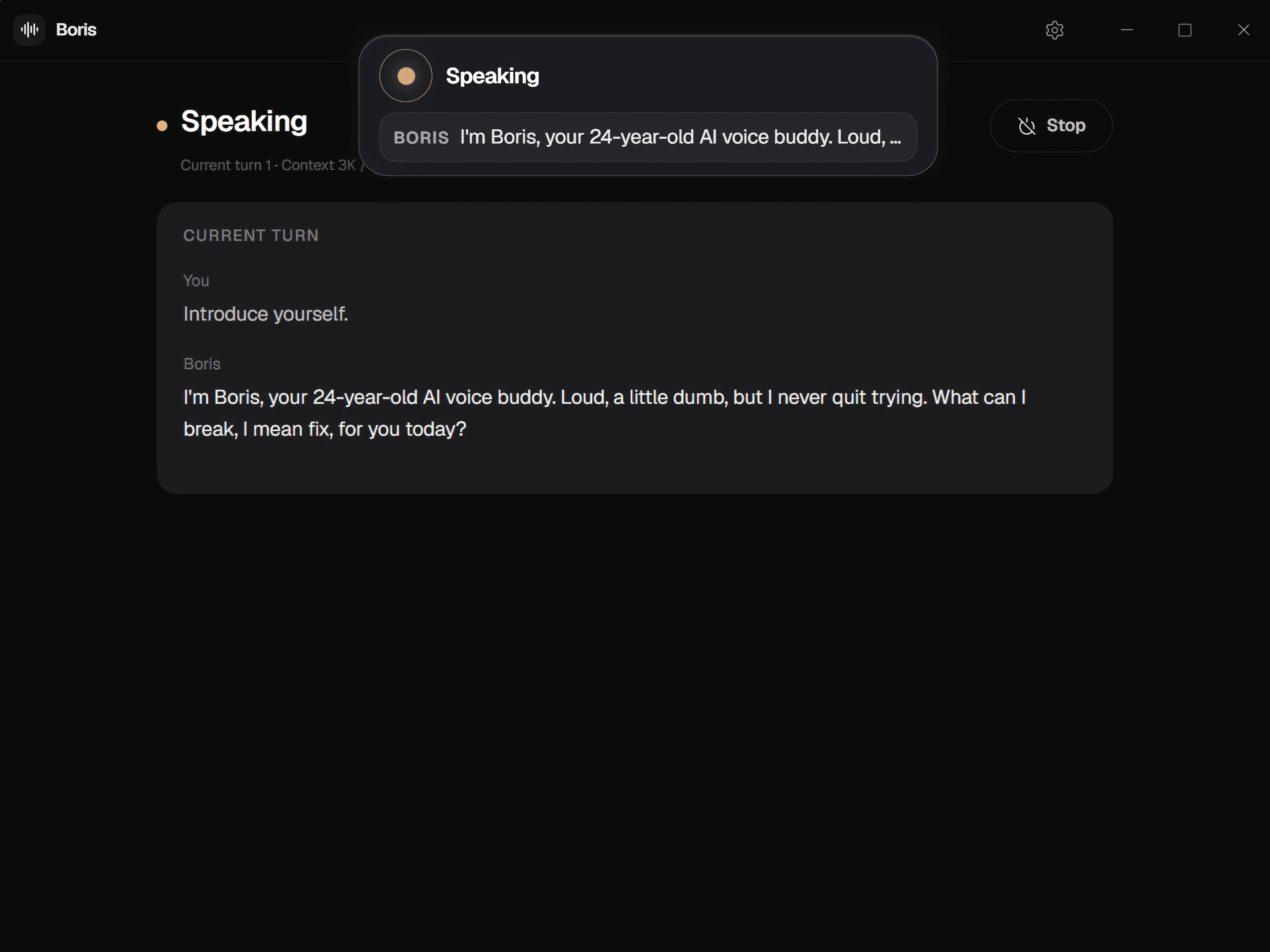 Boris desktop app showing a ready voice session and its current conversation